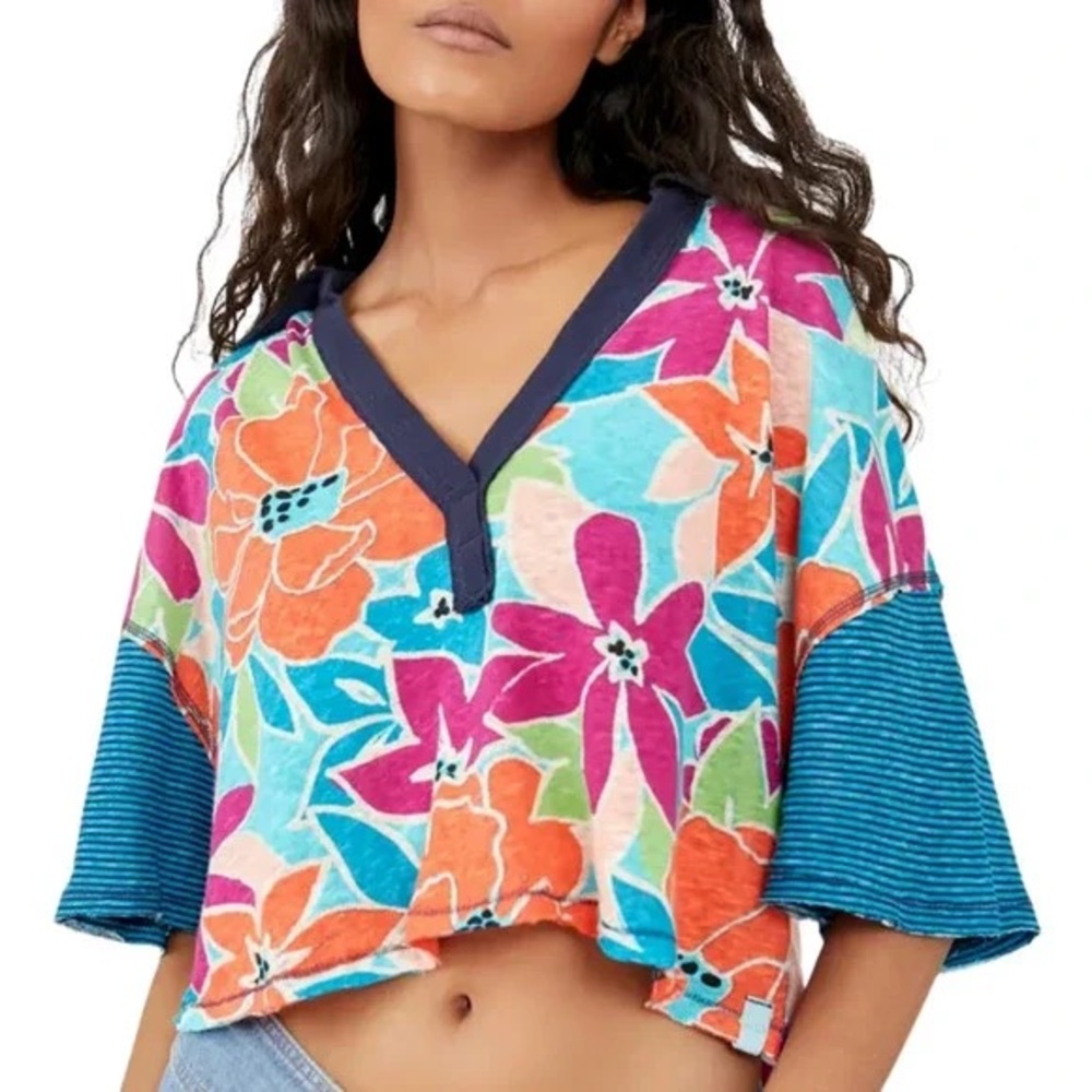 NWT Free People Floral Striped Collared On A Boat Boxy Crop Polo Shirt - Picture 2 of 9
